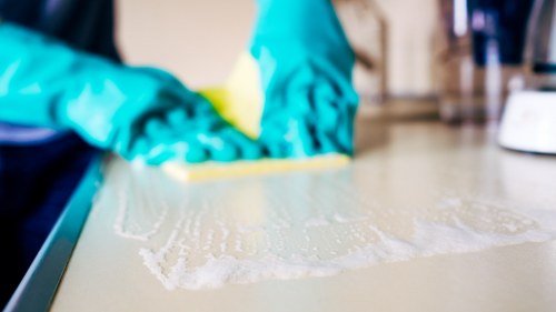 Trained carpet cleaner using professional equipment in a safe environment