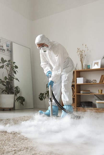 A professional cleaning technician dressed in full protective gear, including a white disposable coverall, mask, and blue gloves, is performing surface cleaning with a fogging or sanitising device in a modern living room. The room features a beige textured carpet, a large mirror leaning against an off-white wall, and a wooden shelving unit with decorative items and books. There are also potted plants on the floor and on a side table, contributing to a contemporary, tidy indoor environment. Bright natural light fills the space, highlighting the thorough cleaning process undertaken by [COMPANY_NAME] for deep sanitisation and hygiene maintenance during domestic cleaning. The scene emphasizes the importance of meticulous surface cleaning to ensure a safe and hygienic living area.