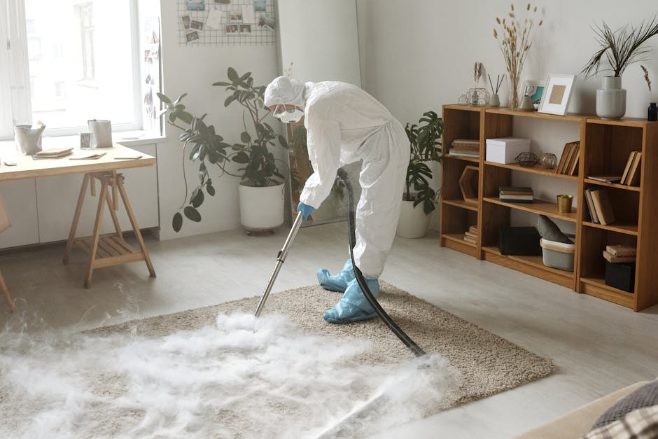 A professional cleaning technician dressed in full protective gear, including a white disposable coverall, mask, and blue gloves, is performing surface cleaning with a fogging or sanitising device in a modern living room. The room features a beige textured carpet, a large mirror leaning against an off-white wall, and a wooden shelving unit with decorative items and books. There are also potted plants on the floor and on a side table, contributing to a contemporary, tidy indoor environment. Bright natural light fills the space, highlighting the thorough cleaning process undertaken by [COMPANY_NAME] for deep sanitisation and hygiene maintenance during domestic cleaning. The scene emphasizes the importance of meticulous surface cleaning to ensure a safe and hygienic living area.